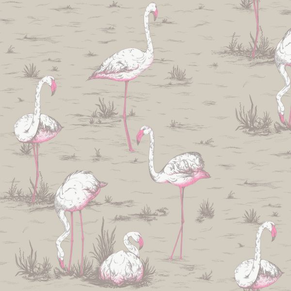 Cole And Son Fabric Flamingos Linen Union White & Fuchsia on Taupe | Allium Interiors