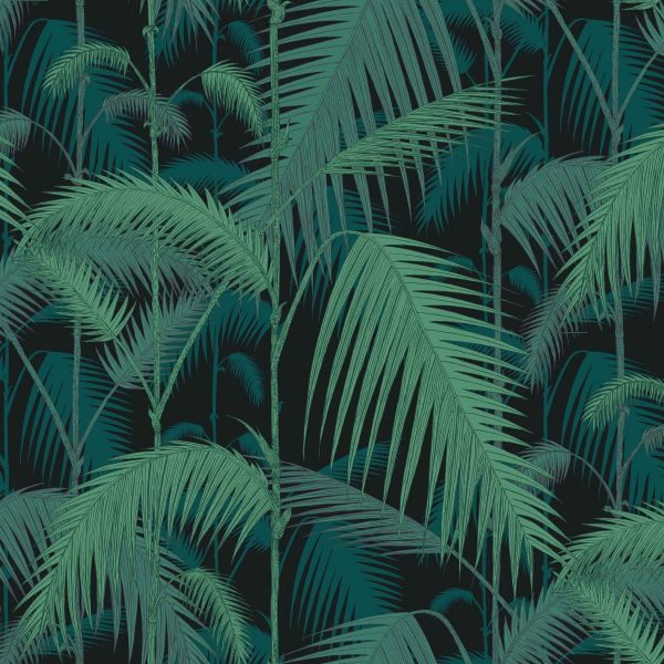 Cole And Son Fabric Palm Jungle Linen Union Viridian & Petrol on Charcoal | Allium Interiors