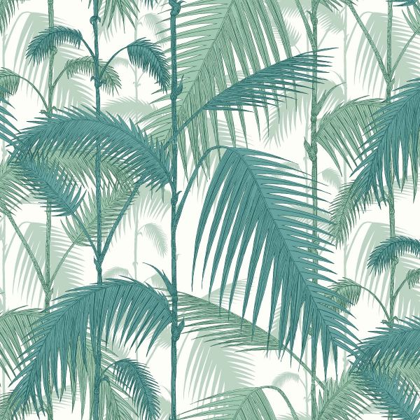 Cole And Son Fabric Palm Jungle Linen Union Teal & Viridian on Chalk | Allium Interiors