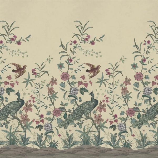 John Derian Wallpaper Peacock Toile Parchment Scene 1 | Allium Interiors