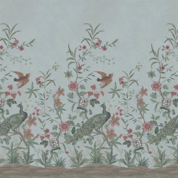 John Derian Wallpaper Peacock Toile Sky Blue Scene 1 | Allium Interiors