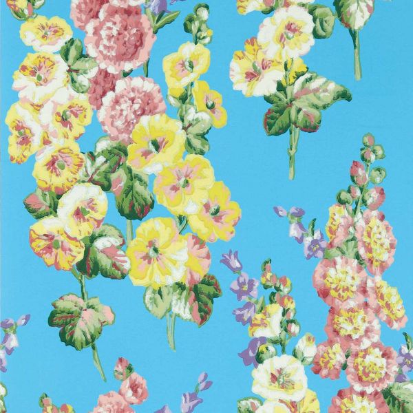 Sanderson Wallpaper Hollyhocks Fire Pink/Bright Blue | Allium Interiors