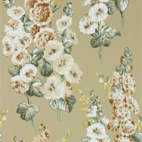 Sanderson Wallpaper Hollyhocks Gold Metallic/Tan | Allium Interiors