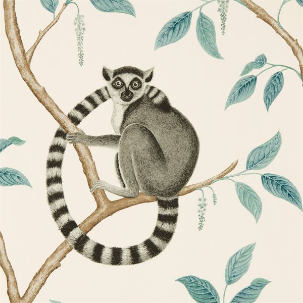 Sanderson Wallpaper Ringtailed Lemur Stone/Eucalyptus | Allium Interiors