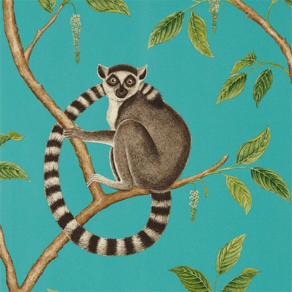 Sanderson Wallpaper Ringtailed Lemur Teal | Allium Interiors