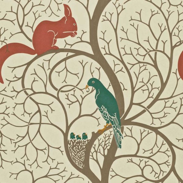 Sanderson Wallpaper Squirrel & Dove Teal/Red | Allium Interiors