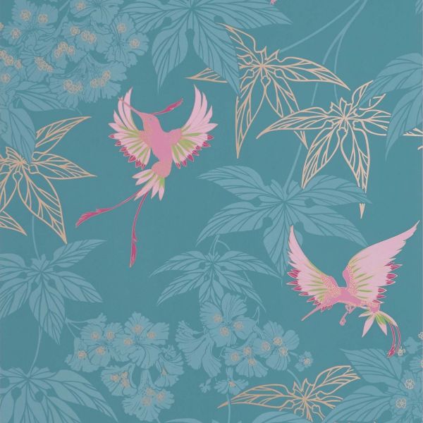 Osborne & Little Wallpaper Grove Garden Teal With Pink | Allium Interiors