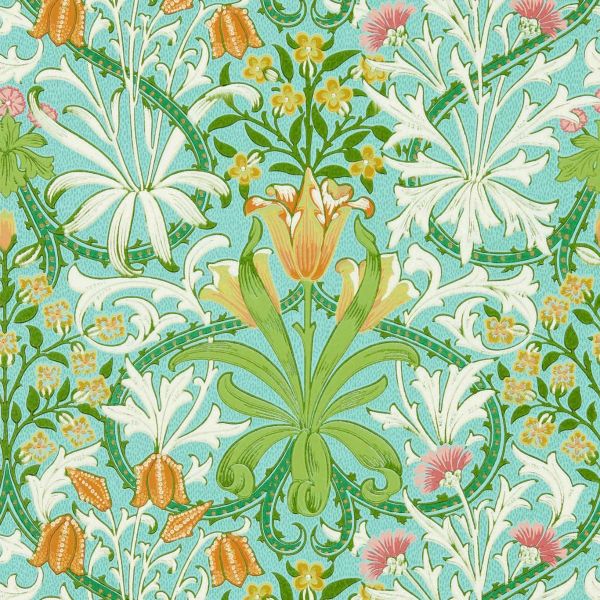 Morris & Co. Wallpaper Woodland Weeds Orange/Turquoise | Allium Interiors