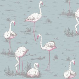Cole And Son Fabric Flamingos Linen Union White & Fuchsia on Seafoam