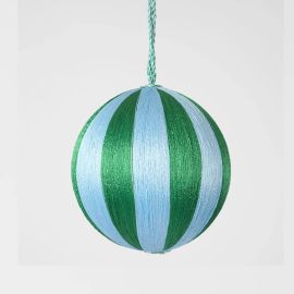 Vixen & Velvet Christmas Decoration Silk Stripe Bauble Small Blue & Green