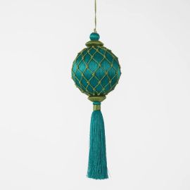 Vixen & Velvet Christmas Decoration Silk Lattice Tassel Emerald Green