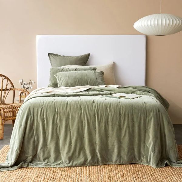 George Street Linen Cotton Velvet Coverlet Venus Olive | Allium Interiors