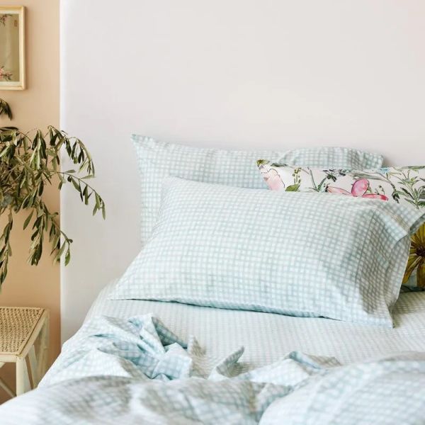 George Street Linen Bamboo Cotton Pillowcase Pair Gingham Sage | Allium Interiors