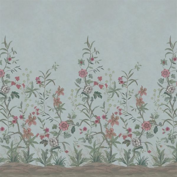 John Derian Wallpaper Peacock Toile Sky Blue Scene 2 | Allium Interiors