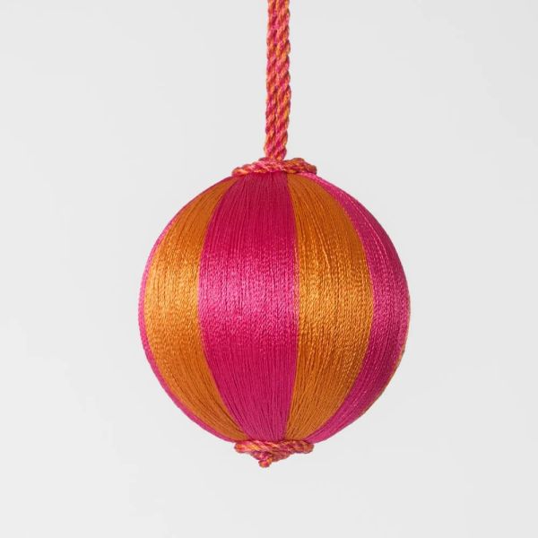 Vixen & Velvet Christmas Decoration Silk Stripe Bauble Small Pink & Orange | Allium Interiors