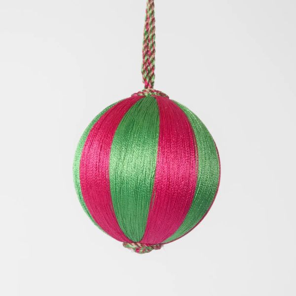 Vixen & Velvet Christmas Decoration Silk Stripe Bauble Small Pink & Green | Allium Interiors