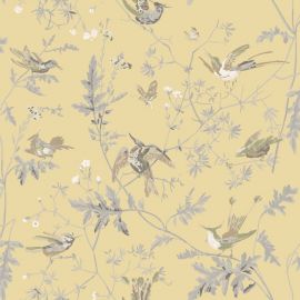 Cole And Son Fabric Hummingbirds Silk Gold & Soft Grey