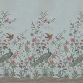 John Derian Wallpaper Peacock Toile Sky Blue Scene 1