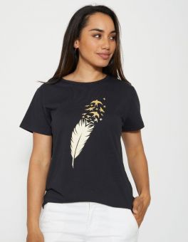 Stella+Gemma T Shirt Black Gold Feather
