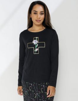 Stella+Gemma T Shirt Long Sleeve Black Bud Cross