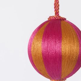 Vixen & Velvet Christmas Decoration Silk Stripe Bauble Small Pink & Orange