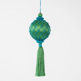 Vixen & Velvet Christmas Decoration Silk Lattice Tassel Blue & Green