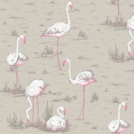 Cole And Son Fabric Flamingos Linen Union White & Fuchsia on Taupe